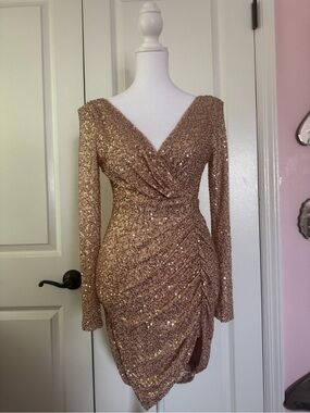 Aqua Rose Gold Sequin Ruched Wrap Long-Sleeve Dress